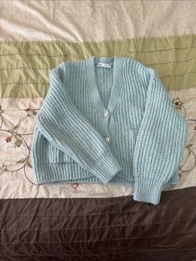 Zara Mint Green Chunky Ribbed V‑Neck Cardigan with Crystal Buttons